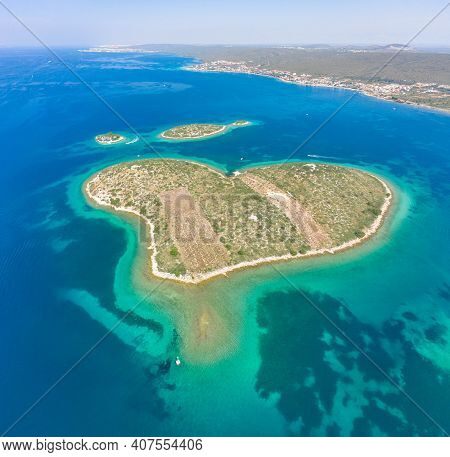 Aerial Drone Shot Of Heart-shaped Island Galesnjak In Dalamatia Croatia