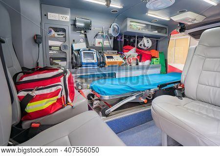 Inside Of Medical Helicopter With Emergency Life Support Equipment.