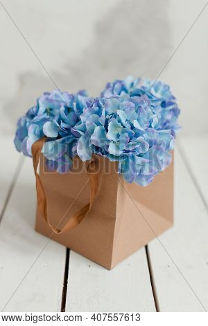 Blue Hydrangea In A Gift Box. Artificial Flowers Blue Hydrangea.