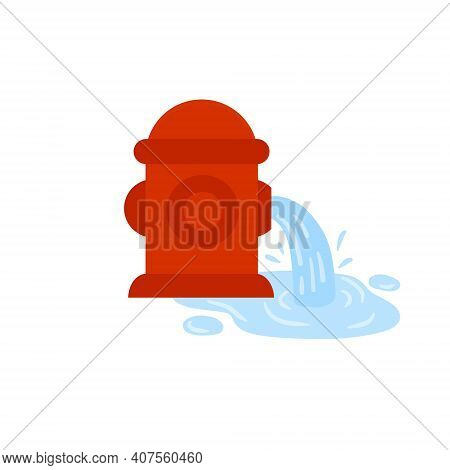 Fire Hydrant. Flat Cartoon Illustration. Red Icon Of Fire Fighting Tool. Jet Of Water. Leak And Pudd