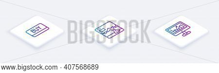 Set Isometric Line Buy Button, Failure Stocks Market And Computer With Growth Graph. White Square Bu