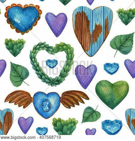 Love Seamless Pattern. Watercolor Green Blue Hearts