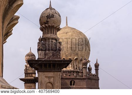 Vijayapura, Karnataka, India - November 8, 2013: Gol Gambaz Mausoleum. Closdup Of Small Minaret With