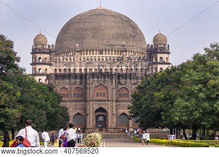 Vijayapura, Karnataka, India - November 8, 2013: Gol Gambaz Mausoleum. Frontal View On Blue And Beig