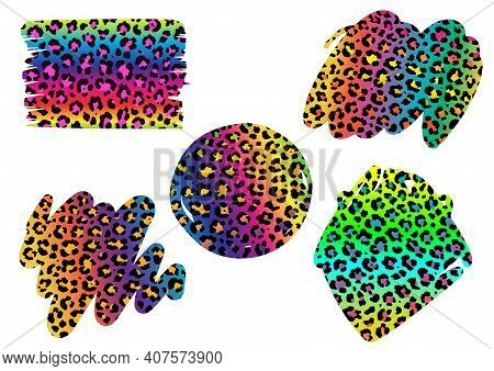 Vector Set Of Leopard Rainbow Print Backsplash Isolated On White Background. Hand Drawn Brush Stroke