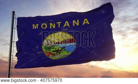 Flag Of Montana Waving In The Wind Against Deep Beautiful Sky. 3d Illustration.