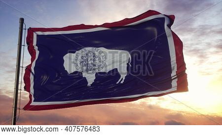 Flag Of Wyoming Waving In The Wind Against Deep Beautiful Sky. 3d Illustration.