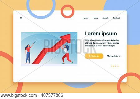 Managers Resisting Crisis. Woman Pointing Up, Her Colleague Holding Growth Arrow Flat Vector Illustr