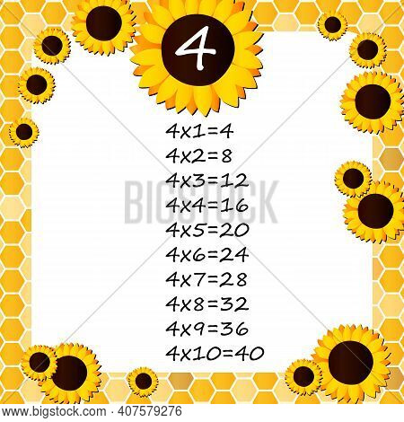 Multiplication Square. School Vector Illustration With Sunflowers And Honeycomb Shapes. Multiplicati