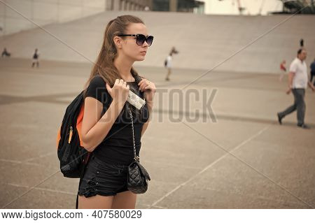 Life Is Adventure. Pretty Woman See Sights Of City. Sexy Traveler On Urban Scene. Being Adventurer. 