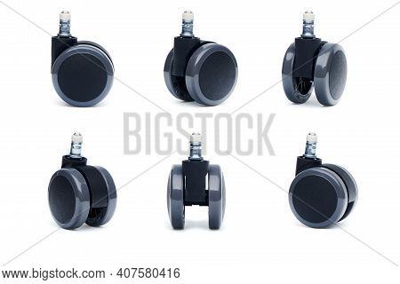 Furniture Castor Wheel For Office Chair In Multiple Foreshortening Isolated On White Background.