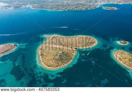 Aerial Drone Shot Of Heart-shaped Island Galesnjak In Dalamatia Croatia