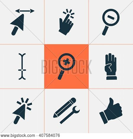 Cursor Icons Set With Zoom In, Pointer, Four Fingers And Other Resize Width Cursor Elements. Isolate