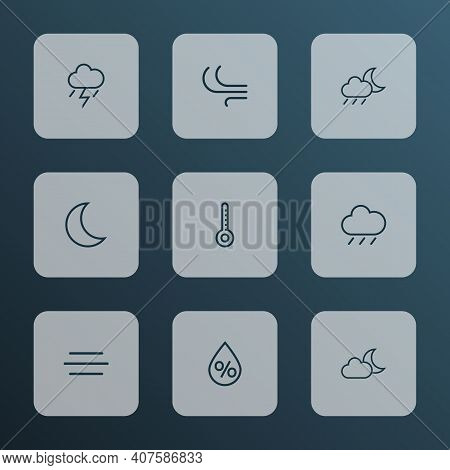 Weather Icons Line Style Set With Humidity, Nigth, Thermometer And Other Temperature Elements. Isola