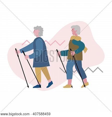 Seniors Do Nordic Walking With Poles. Ladies Are Active, Healthy, Cheerful. Active Leisure For Elder