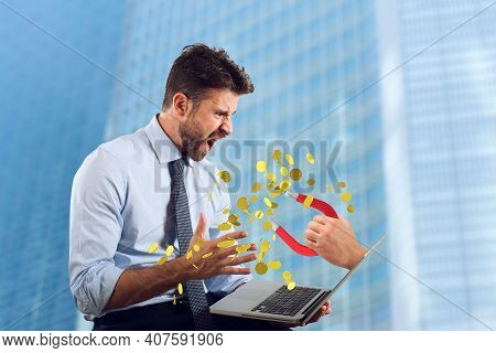 Hacker Steals Money From Bank Account Of A Businessman. Concept Of Fraud And Fhishing