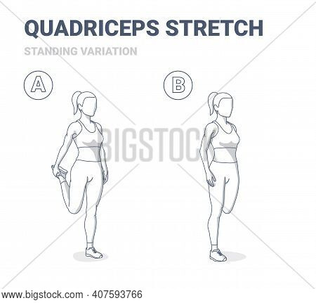 Standing Quadriceps Stretch Girl Home Workout Exercise Guidance. Young Athletic Woman In Sportswear.