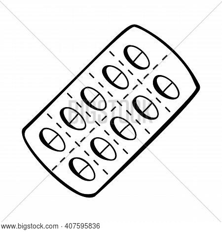 Simple Hand Drawn Blister Of Pills. Isolated On White Background. Vector Stock Illustrarion.