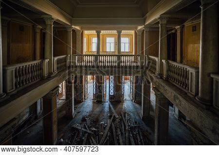 Old Abandoned Hall With Columns In Abkhazia, Georgia