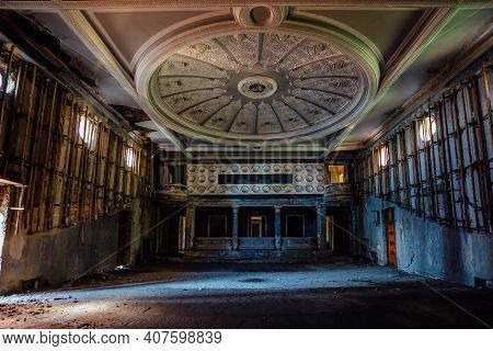 Old Creepy Abandoned Ruined Empty Theater Hall