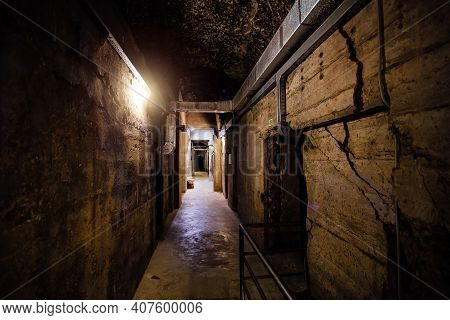Dark Creepy Old Corridor Of Underground Bunker Or Prison