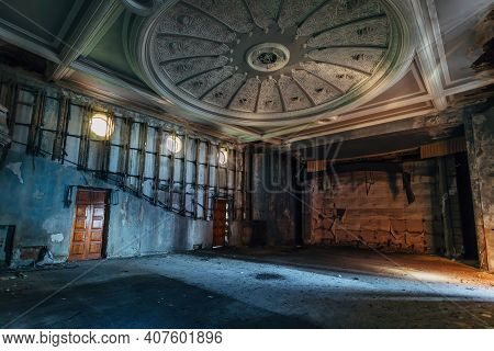 Old Creepy Abandoned Ruined Empty Theater Hall