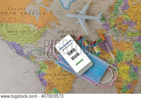 Coronavirus Vaccination Certificate Covid-19 Immunity E-passport Smartphone, Vaccine Bottle, Syringe