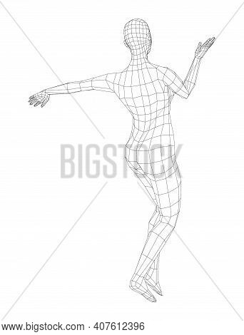 Wireframe Ballerina Or Dancer In Dance Pose. Female Dancing Salsa. Vector 3d Rendering