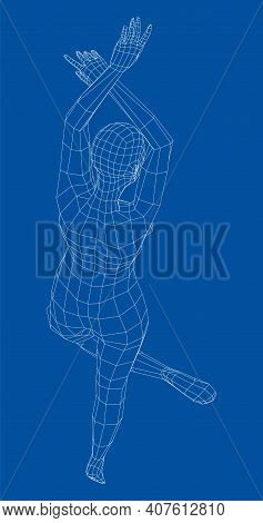 Wireframe Ballerina Or Dancer In Dance Pose. Vector 3d Rendering