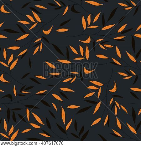 Floral Seamless With Hand Drawn Color Leaves. Cute Autumn Dark Background. Orange Branches. Modern F