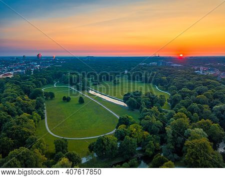 Wonderful Total View Over Munich Englischer Garten Early At A Summertime Sunrise. The Green Public S