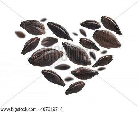 Roasted Rye Malt Grains In The Shape Of A Heart On A White Background
