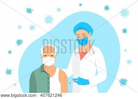 Female Doctor Or Nurse Gives Shot Of Vaccine To Shoulder Of Patient In Hospital. Doctor Using Syring