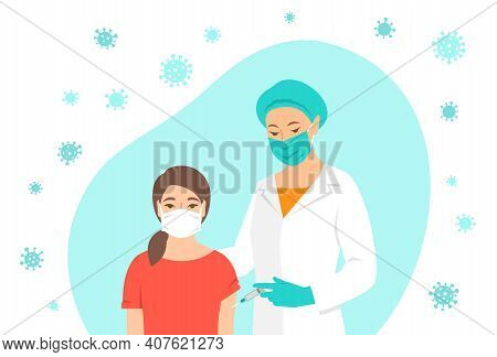 Female Doctor Or Nurse Gives Vaccine Shot To Shoulder Of Patient In Hospital. Doctor Using Syringe T