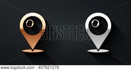 Gold And Silver Map Pointer With Billiard Pool Snooker Ball With Number 8 Icon Isolated On Black Bac