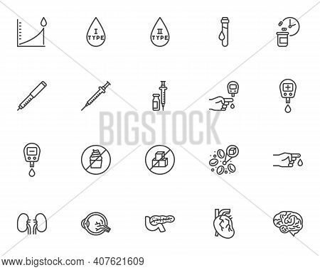 Diabetes Disease Line Icons Set. Linear Style Symbols Collection, Outline Signs Pack. Vector Graphic
