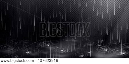 Rain And Puddle With Circles From Falling Drops. Rainy Weather Elements Isolated On Transparent Back