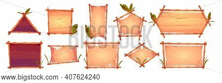 Bamboo Frames With Old Parchment, Wooden Planks Background And Palm Leaves. Different Shapes Hawaiia