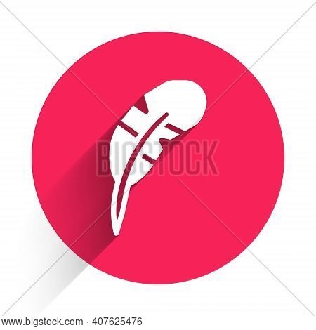 White Feather Pen Icon Isolated With Long Shadow. Red Circle Button. Vector