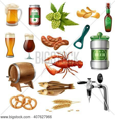 Oktoberfest Beer Snacks And Accessories Colorful Icons Collection With Oak Barrel Lobster And Pretze
