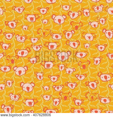 Doodle Coala Heads Seamless Vector Pattern. Australian Wildlife Themed Surface Print Design For Fabr