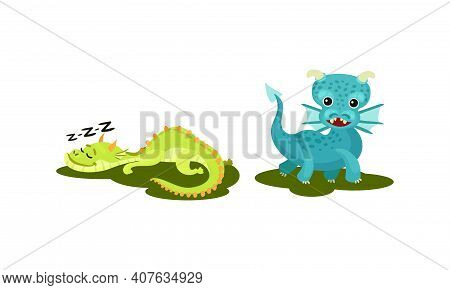 Little Baby Dragons As Fairy Winged Creatures Capable Of Breathing Fire Vector Set