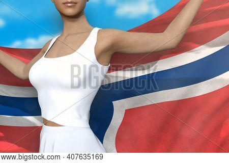 Pretty Lady Is Holding Norway Flag In Her Hands Behind Her On The Cloudy Sky Background - Flag Conce