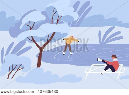 People Skating On Outdoor Ice Rink On Cold Winter Day. Man And Woman Spending Leisure Time In Nature