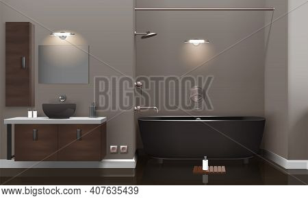 Realistic Bathroom Interior Design With Lighting, Brown Furniture, Dark Washbasin And Tub, Glossy Fl