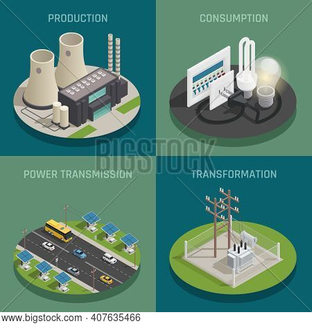 Electric Power Production Generating Transmission Transformation Substation And Consumption Concept 