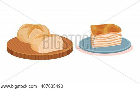 Loaf Of Wheat Bread On Wooden Board And Lard Slab Vector Set
