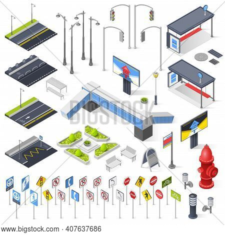 Set Of City Street Isometric Elements For Construction Of Urban Landscapes With Lights Bench Road Se