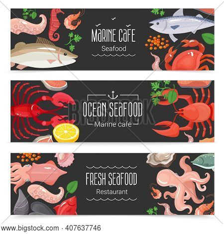 Fresh Ocean Seafood Marine Cafe 3 Horizontal Blackboard Banners Collection With Colorful Menu Items 