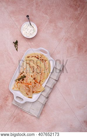 Baked Bread With Vegetable Filling On A Stone Background. Selective Focus.